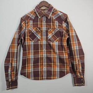 Hollister Mens Plaid Western Pearl Snap Shirt Brown Orange Blue Size M Cotton